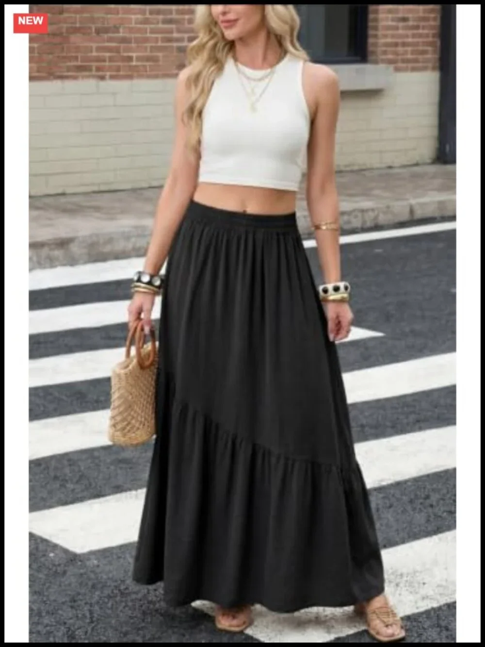 Women's Maxi Skirt High Waist Tiered A-Line with Pockets Flowy Swing Pleated